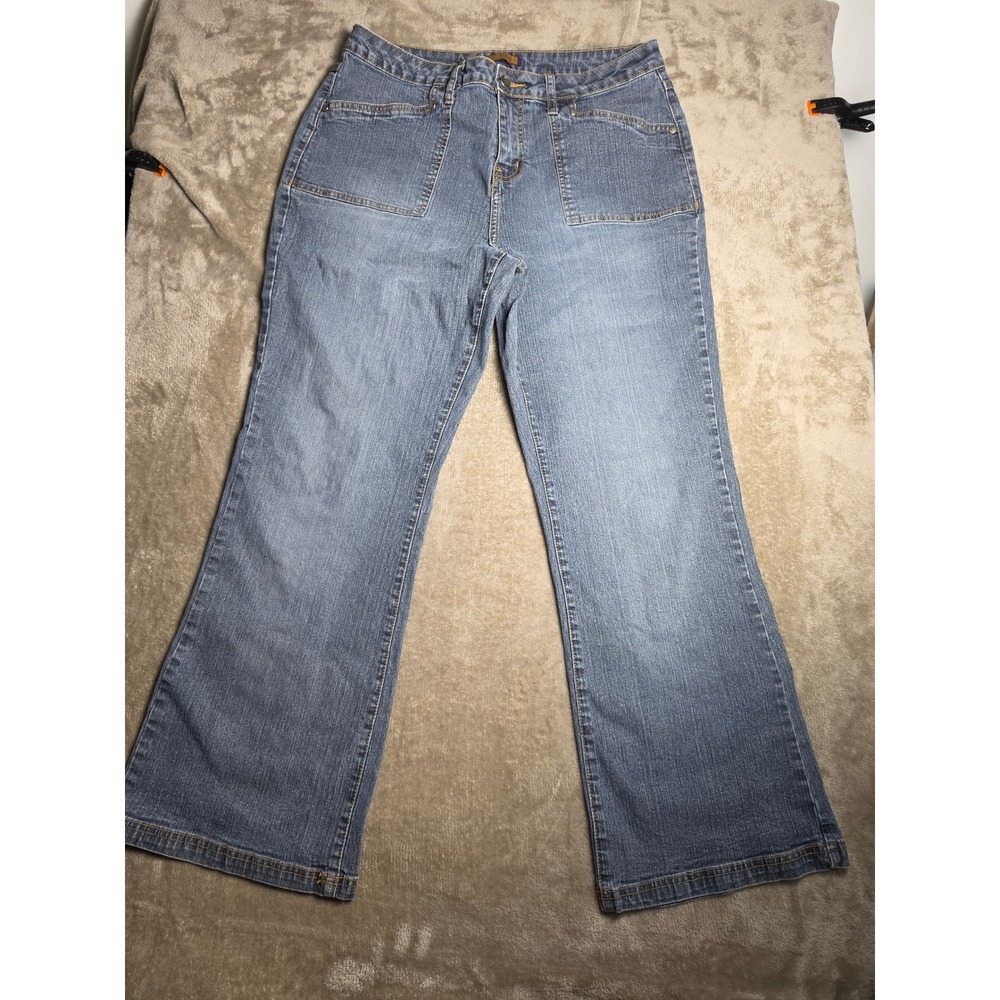 ZD Women Medium Wash Bootcut Denim Jeans Square Patch Pockets Stretch 16S
